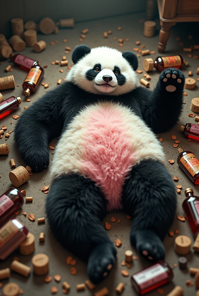 Female white Ursa panda, black and pink, completely drunk sleeping with bottles around fallen on the floor 