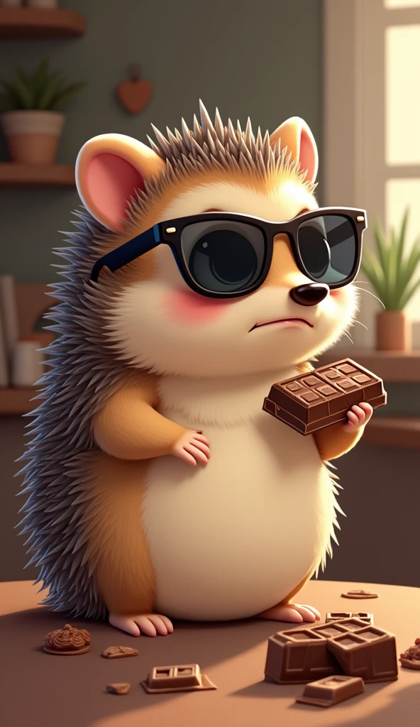 A cute and slightly chubby hedgehog character, still wearing its stylish sunglasses, is sneaking a piece of chocolate during its diet. The hedgehog, with a guilty yet satisfied expression, carefully unwraps the chocolate bar, glancing around to make sure no one is watching. Its round belly presses slightly against the table as it takes a tiny, indulgent bite, savoring the sweet taste. The sunglasses add a humorous touch, as if the hedgehog thinks they make it less noticeable. The cozy room around it is filled with tempting treats, but the focus is on the hedgehog’s mischievous moment of weakness. This endearing scene captures the hedgehog’s playful spirit and relatable struggle with temptation, blending cuteness with a dash of humor as it secretly enjoys the forbidden treat.