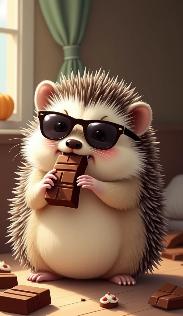 A cute and slightly chubby hedgehog character, still wearing its stylish sunglasses, is sneaking a piece of chocolate during its diet. The hedgehog, with a guilty yet satisfied expression, carefully unwraps the chocolate bar, glancing around to make sure no one is watching. Its round belly presses slightly against the table as it takes a tiny, indulgent bite, savoring the sweet taste. The sunglasses add a humorous touch, as if the hedgehog thinks they make it less noticeable. The cozy room around it is filled with tempting treats, but the focus is on the hedgehog’s mischievous moment of weakness. This endearing scene captures the hedgehog’s playful spirit and relatable struggle with temptation, blending cuteness with a dash of humor as it secretly enjoys the forbidden treat.