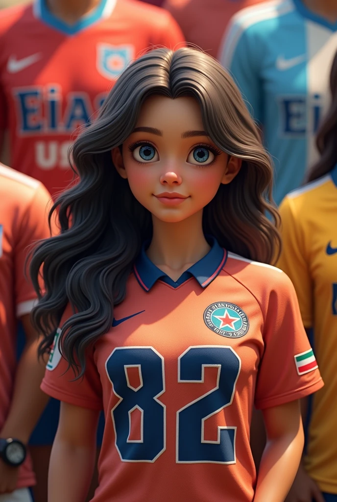 Create an image of a girl with wavy hair and fair skin,in the background having many football shirts (like the chile argentina shirt latin countries and champions teams) and she will be wearing a Universidad Católica soccer team jersey with the number 82,Let the image be animated