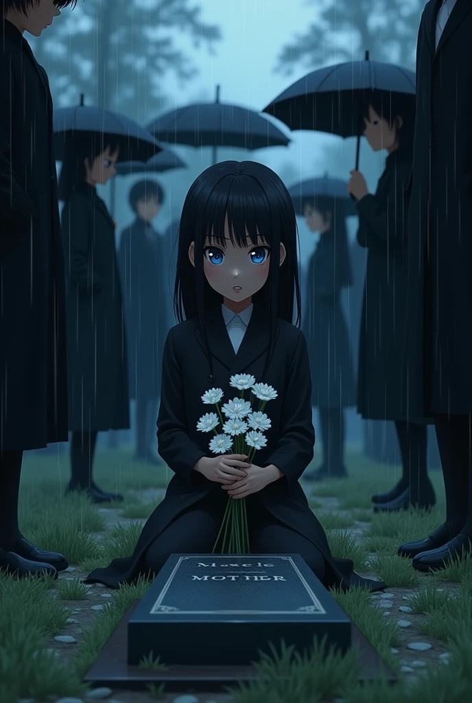 10-year-old anime girl with dark brown skin and straight black hair , slim, blue-eyed, short stature, dressed elegantly, looking at a grave with white flowers in her hands, while she is sitting in a cemetery looking at her mother's tombstone with a cold look, with a bit of rain and people around dressed in black for the funeral with black umbrellas muttering angrily elegant 


