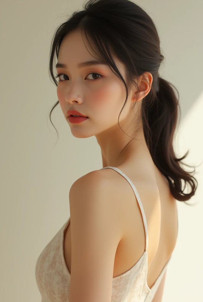 Very realistic elegant female body with skin-colored lips, hair with a ponytail looking forward, full body, golden beige skin color, Chinese nationality 