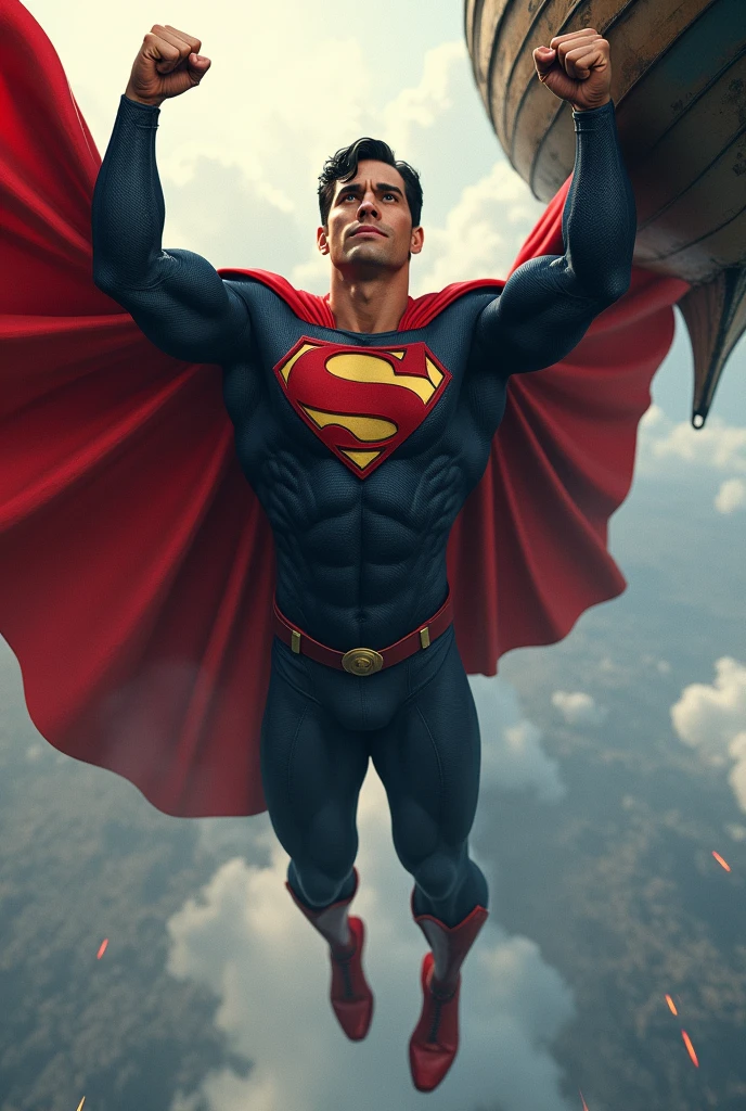 uhd, 8k, super resolution, perfectly detailed suit, Eyes red, fully focused, Superman is flying, hands raised high, while holding a boat,wering a red cape, muscular male hero, Superman pose, DC Comics art style, Superman, iconic character splash art, heroic male pose, by Luis Miranda, epic comic book style, Hero character art, by Ric Nagualero, 极其详细的Artgerm, official concept art, by Juan Villafuerte, superhero portrait, official realist art