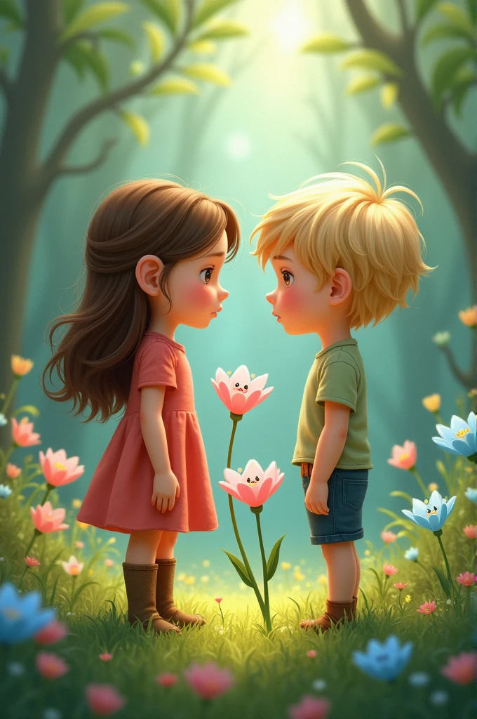 Anna (brownhair) and Lucas (blondie hair)
(children) looking at a pink flower and a blue flower, both with sad faces