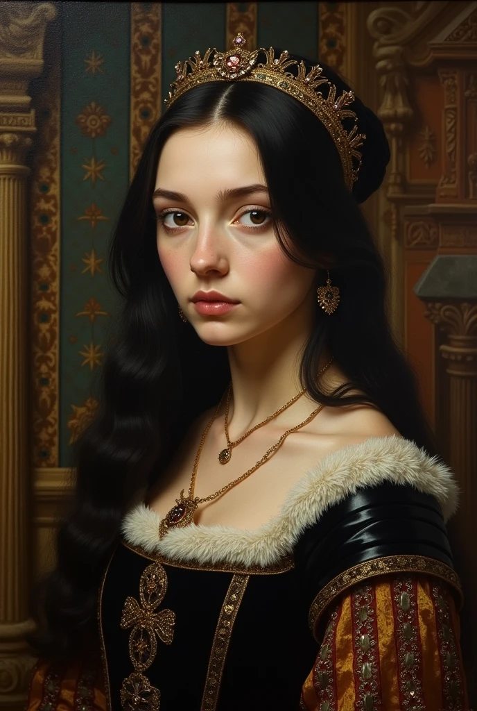 Create a Tudor-style painting of a woman with half-black hair, a serious look, as if she were the daughter of Catherine of Aragon