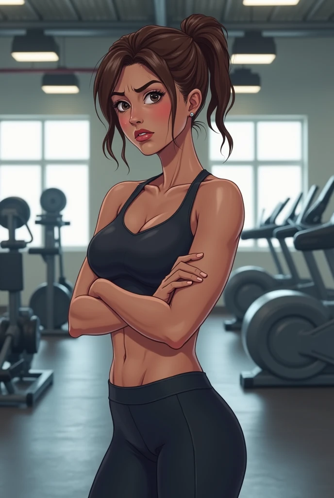 (masterpiece, top quality, best quality, official art, beautiful and aesthetic:1.2), (1girl:1.3), (gorgeous face), light freckles, fair skin, brown hair, extremely detailed, portrait, looking at viewer, solo, (full body:0.6), detailed background, close up, (airy modern theme:1.1), extremely busty gym girl, ponytail, big lips, arched back, flexing her bicep, charlatan, smirk, mysterious, sstanding in the gym, sports bra, leggings, headphones, wet, workout gear, weight machines, windows, modern gym, well-lit, thin and toned physique, gigantic breasts, cleavage, skindentation, slim waist, slim hips, long legs, modern (gym interior:1.1) background, dark mysterious lighting, shadows, magical atmosphere, dutch angle,