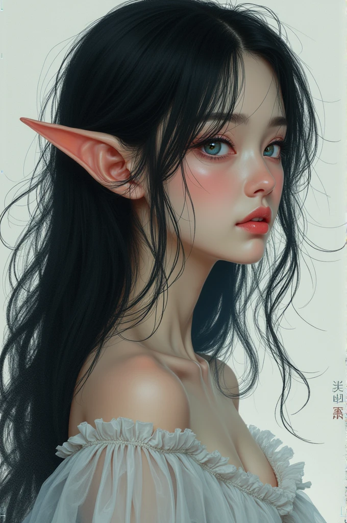 A girl with black hair, bluish eyes, porcelain skin, a pert nose, small lips, a developed body, elf ears, and an anime-style profile.