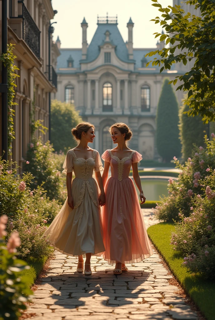 create victorian era photo with 2 happy women walking through the streets of a palace with garden 
