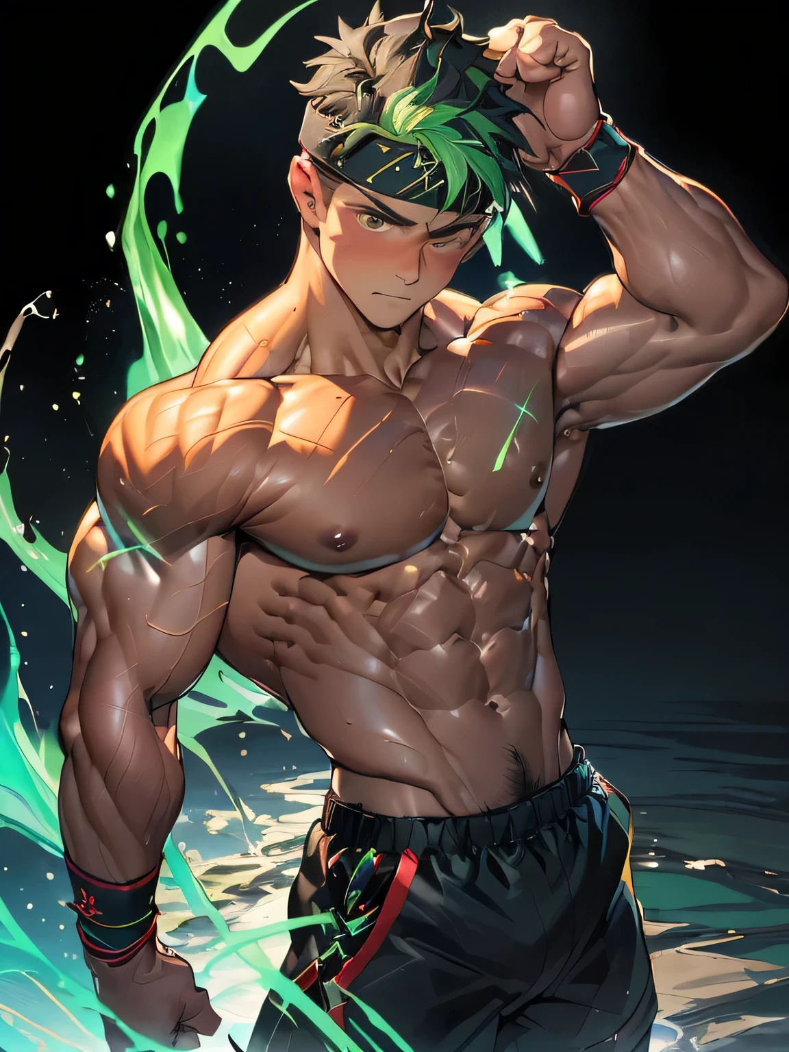 ((masterpiece, best quality)), (((((black background, deep night, on the glassland))))), (19 year old boy, worm eyes, Young boy, muscler, Shirtless, topless), ((((1boy, flesh, tough, reliable)))), (Dark Short straight hair, ((almost completely shaved hair)), under cut, brown eyes), (((red headband, black wristband, Roman gladiator costume))), Vivid colors, ((big breast:1.2, big shoulder:1.2, muscular body, sturdy body, defined round and fleshy pecs, defined round and fleshy ABS, defined round and fleshy armsmuscular:1.2, well-defined muscles, developed body, toned weist, shouldermuscler:1.2)), muscler!, muscler body, detailed face, detailed muscle, (((rippling muscles, Flowing energy, Highlight his aura, blue and green aura effect, wearing aura stream, random_pose:1.2)))