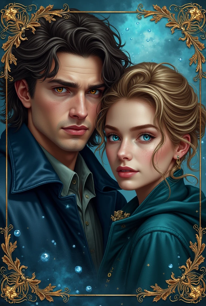 A book cover featuring a young dark brown haired wizard, pieces and amber eyes, alongside a mysterious young businessman with light brown hair and blue eyes 
