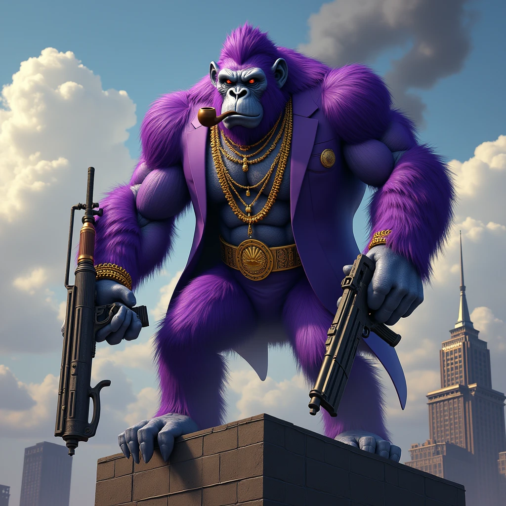 1 purple ape, on the roof of a building, With giant and high-caliber weapons, with gangster SUIT with chains, tattooed, with huge diamond and gold rings, smoking with a pipe, with the words in the sky that say "first drop"