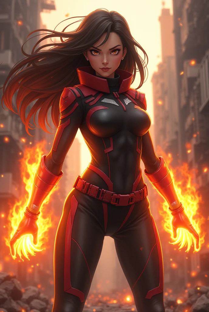 Generate an image of a beautiful girl with a powerful fire type quirk in my hero academia