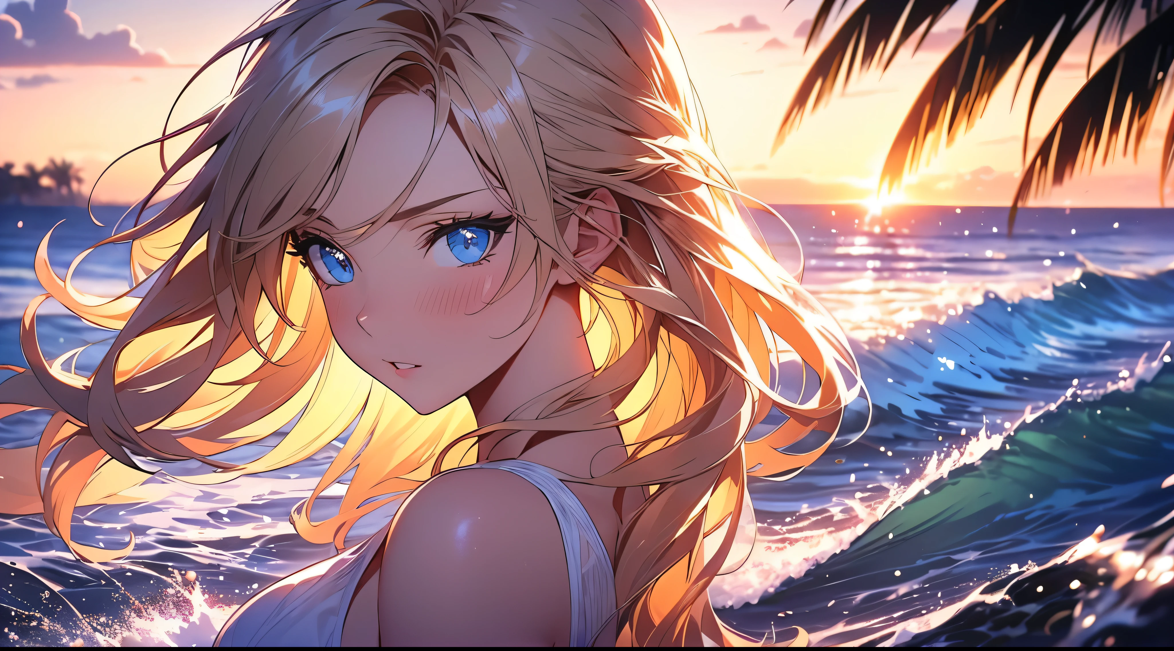 a beautiful woman in a white bikini standing on a beach, looking directly at the viewer, with long blonde hair blowing in the wind, blue eyes, and a slight blush on her cheeks, surrounded by palm trees, a cloudy blue sky, and waves crashing against the shore, masterpiece, photorealistic, ultra-detailed, hyper-realistic, 8k, cinematic lighting, vibrant colors, dramatic composition, (Perfect details:1.1), (Beautiful and clear background:1.2), (Extremely detailed CG, Ultra detailed, best shadow:1.1), (Finely detailed beautiful eyes)