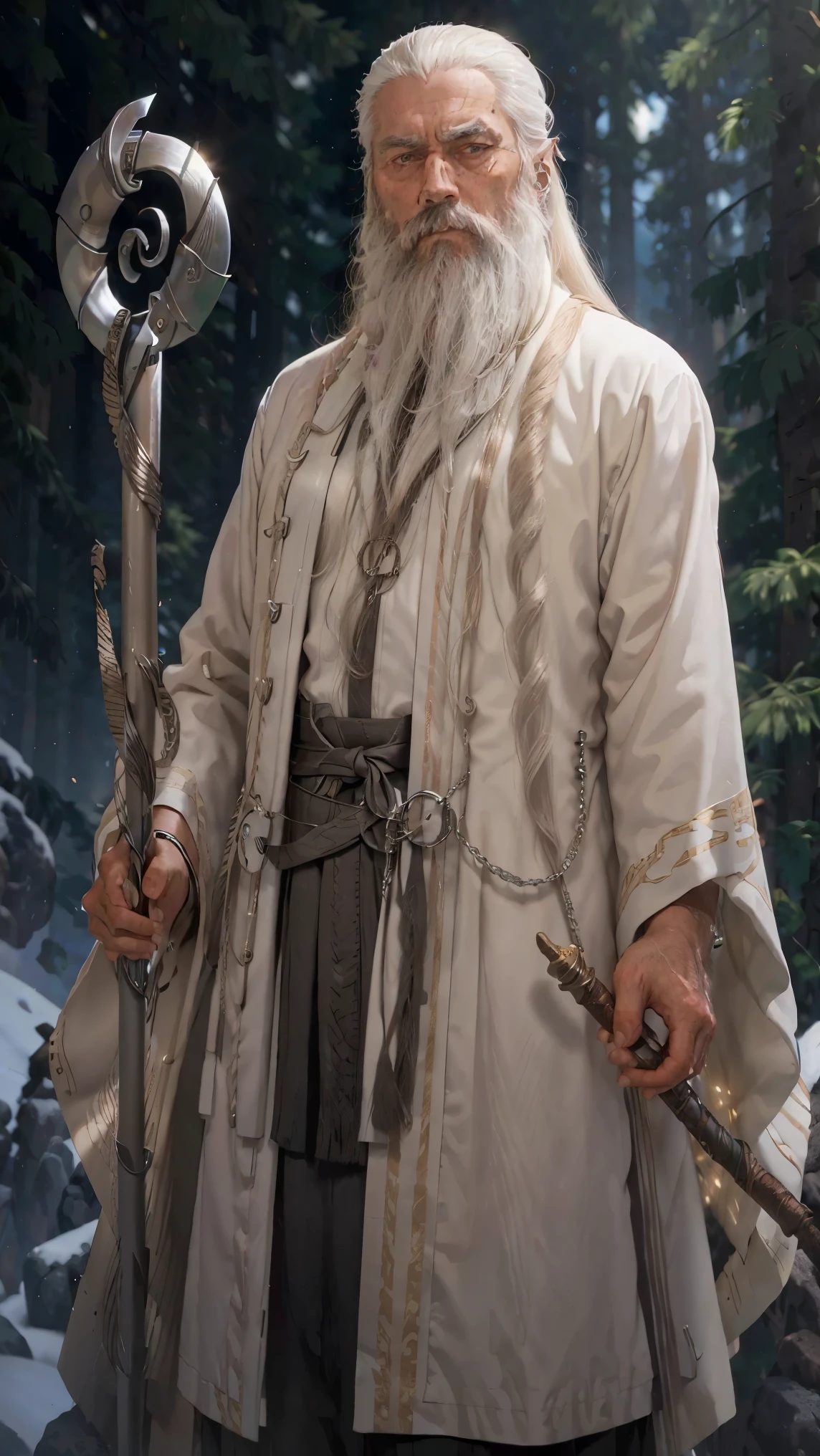 old man, slicked back hair, very long beard, brown hair with white accents, wise, holding a staff(staff made from metal helix), sharp gem atop staff, sleek robes, slim/tight fitting robes, armored chest, necklaces/pendants around neck, green robes