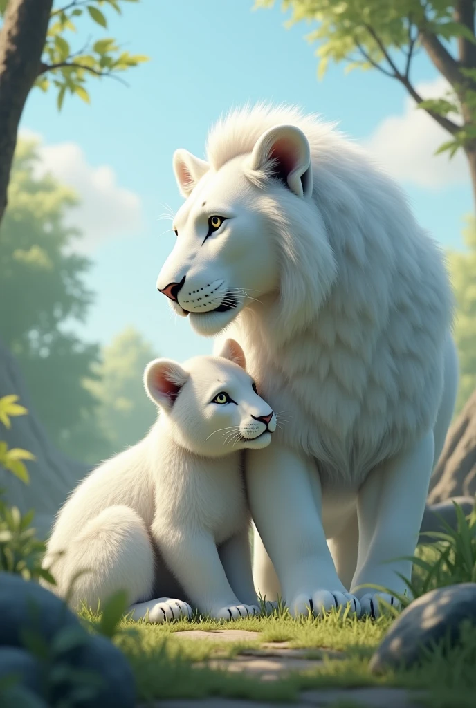 A white lioness mother with her cub 