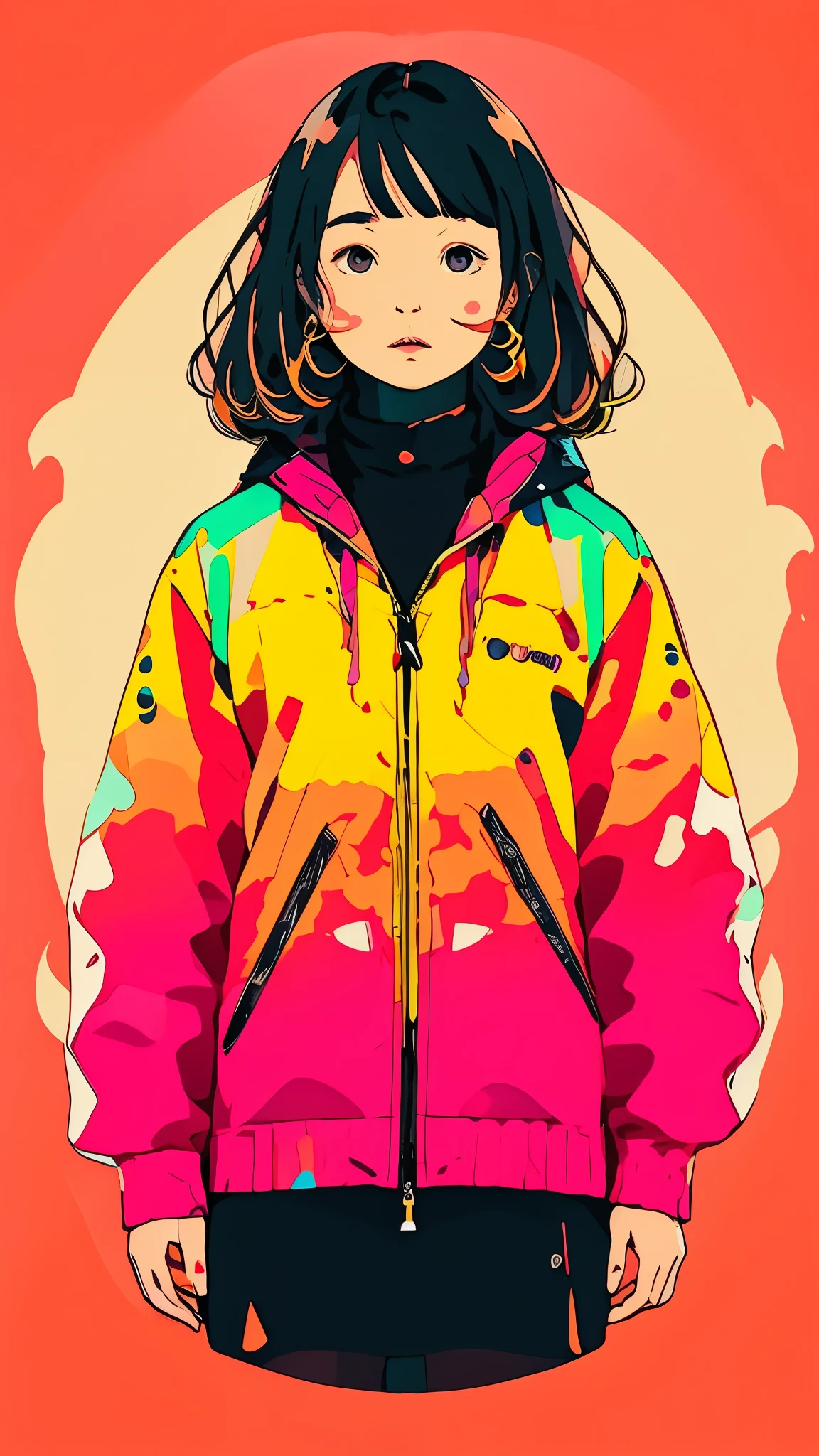 clean、Minimalist、Vector art、gradient cake scary hair、whiteいテックウェアの服、Tactical clothing(orange、white)、strong stroke around image、simple and abstract design paper cute background、Solid color background、Or pastel colors、masterpiece、high resolution