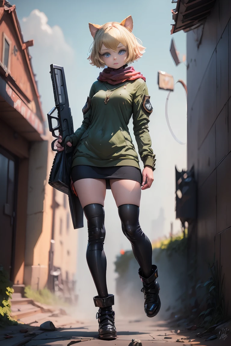 A heavily armed female soldier, giant weapon:1.3, Military camouflage pattern, rugged and battle-worn, Realistic 3D representation, Very detailed, cinematic lighting, dramatic shadows, sandy and dirty, epic scale, award-winning digital art, ultra high definition, photorealistic, masterpiece