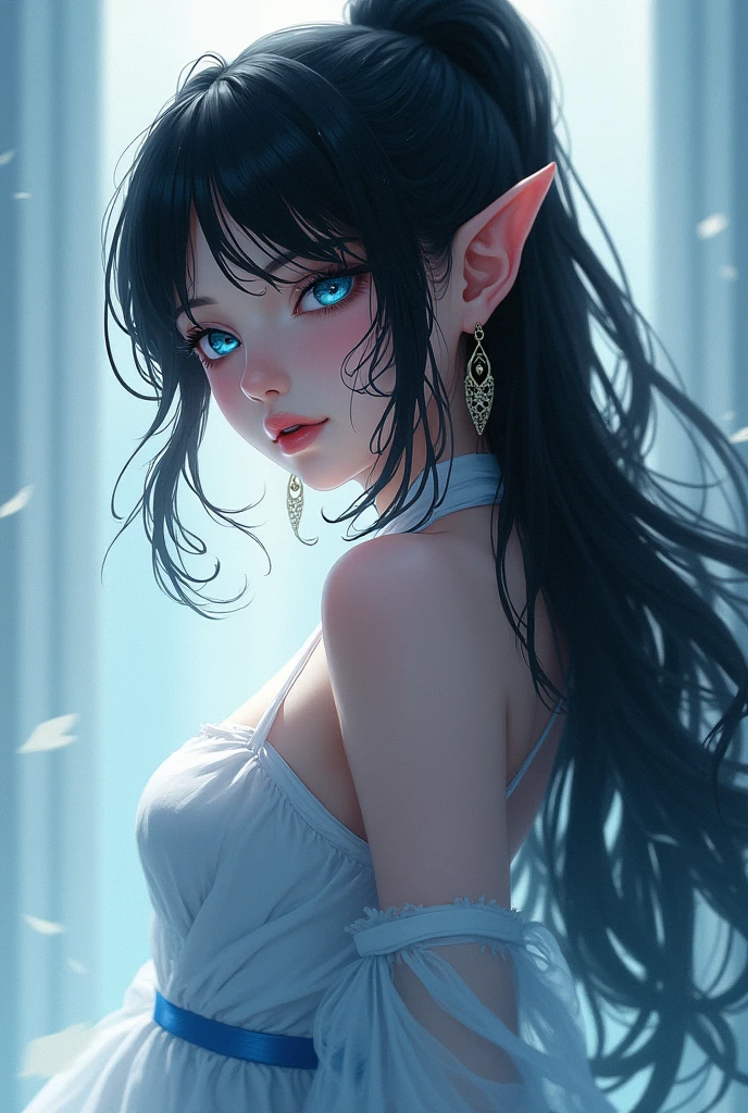 A girl with black hair, bluish eyes, porcelain skin, a pert nose, small lips, a developed body, elf ears, and an anime-style profile.