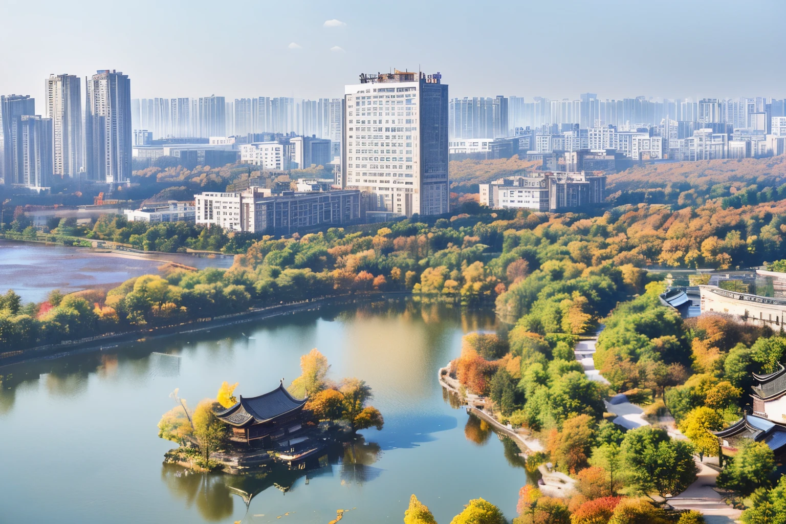 arafed view of a City with a lake and a building, baotou china, Hangzhou, riverside, Beijing, That, view, full - view, ruanjia, City, Wide-angle lens, Wide-angle lens, Lakeside, jin shan, Wooden plates, Guangjian, far view, su fu, wide view, nanquan, panoramic，National Geographic Photo, RAW photos，Best quality），（reality，照片reality感：1.3），masterpiece，Extremely exquisite and beautiful，high resolution，Original，Blue sky and white clouds，autumn colors are deep
