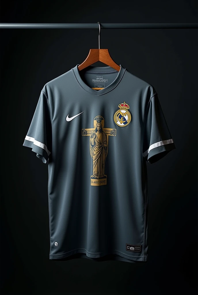 Soccer jersey printed with the Christian symbol Jesus, On the left side the Nike symbol, Dark background of the shirt hanging on a hanger with light details