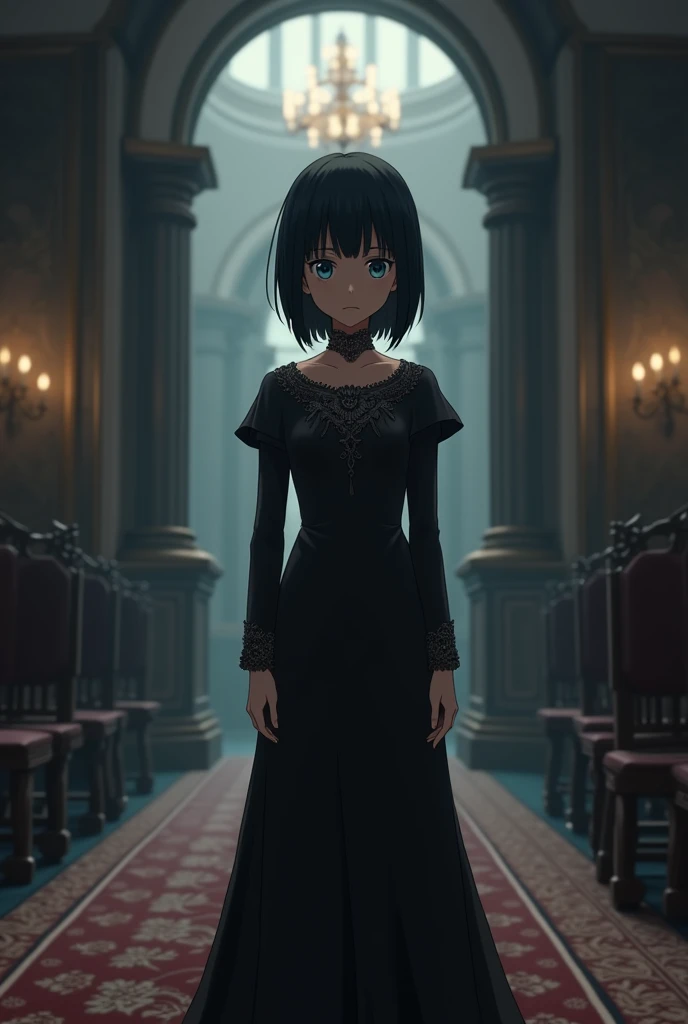 10-year-old anime girl with dark brown skin and straight black hair , slim, blue-eyed, short stature, dressed elegantly for a Victorian-style funeral