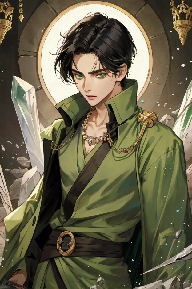 Olive skin, medium length black hair, young man, good looking, Nobleman, crystal necklace, green eyes, Antiquity, on a battlefield, mage, anime style