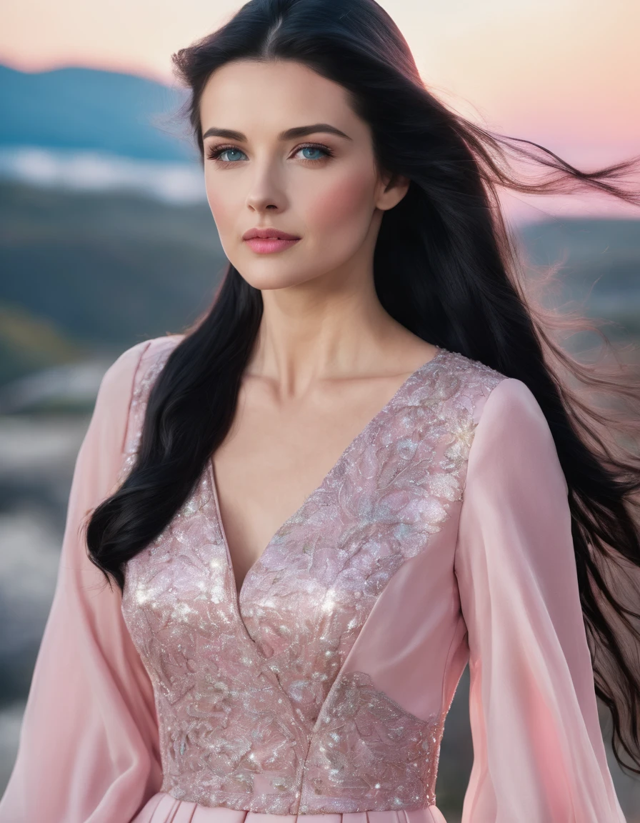Beautiful woman with long black hair, side-swept bangs, sparkling blue eyes, light pink lips, fair skin. Elegant but modest pink dress.