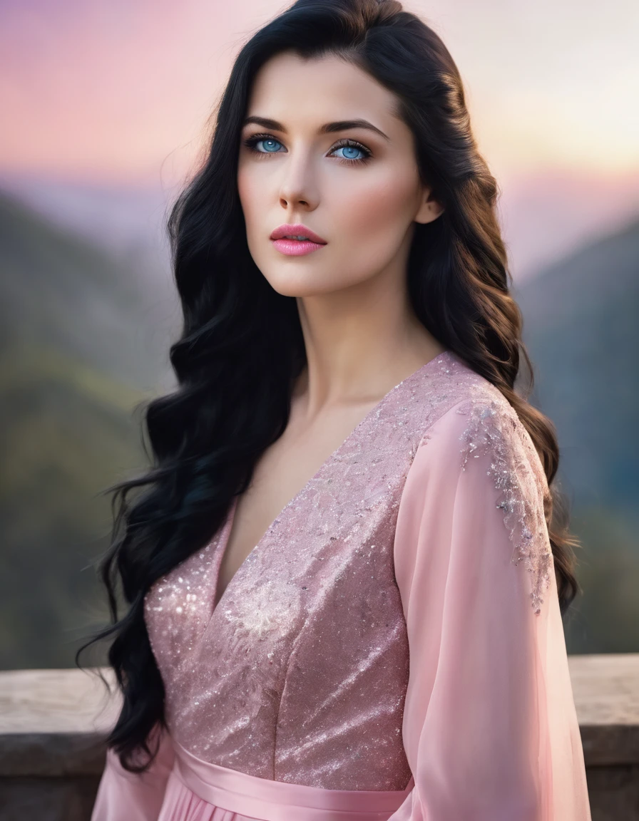 Beautiful woman with long black hair, side-swept bangs, sparkling blue eyes, light pink lips, fair skin. Elegant but modest pink dress.