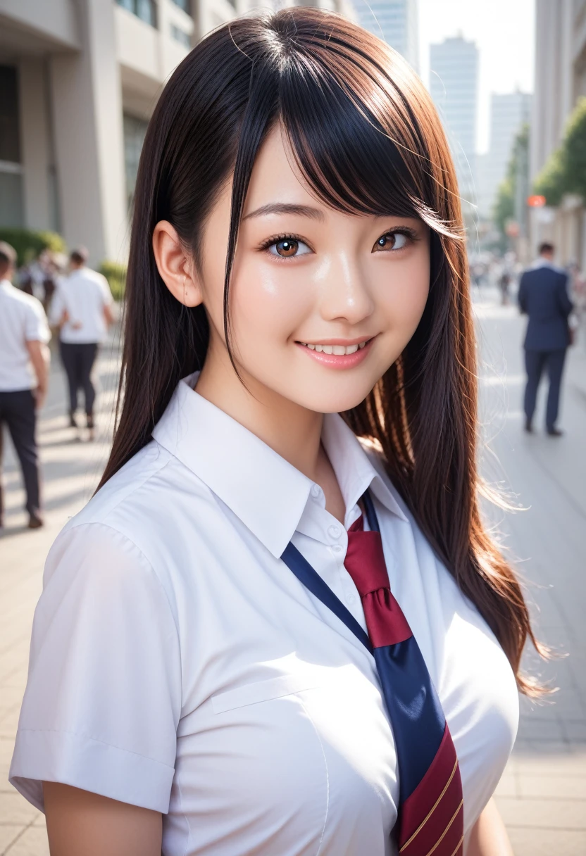 8k, raw photo, best quality, masterpiece, realistic, photo realistic, clear, professional lighting, beautiful face, best quality,ultra high res, realistic japanese beautiful, Super detailed, detailed fingers, solo, 1girl, swept bangs, shiny hair, detailed hair, medium breasts, curvy, scenery, school uniform, city, light smile