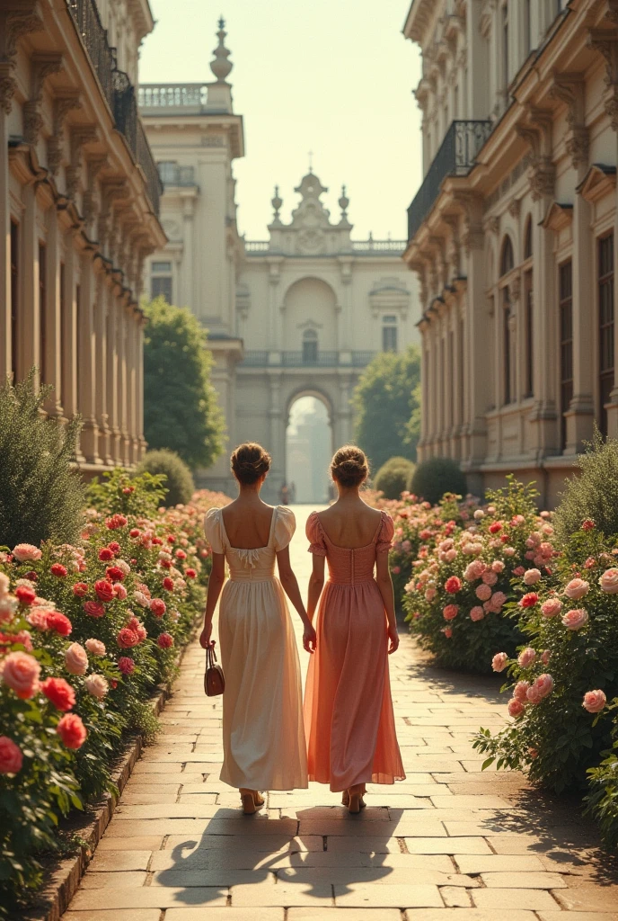 Create a Victorian era photo with 2 women walking happily with their backs to the camera along the streets of a palace with a large garden full of roses.