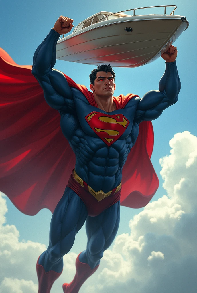 uhd, 8k, super resolution, perfectly detailed suit, Eyes red, fully focused, Superman is flying, open hands raised high, while holding a boat,wering a red cape, muscular male hero, Superman pose, DC Comics art style, Superman, iconic character splash art, heroic male pose, by Luis Miranda, epic comic book style, Hero character art, by Ric Nagualero, 极其详细的Artgerm, official concept art, by Juan Villafuerte, superhero portrait, official realist art