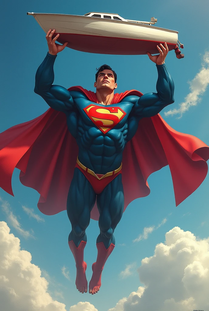 uhd, 8k, super resolution, perfectly detailed suit, Eyes red, fully focused, Superman is flying, open hands raised high, while holding a boat,wering a red cape, muscular male hero, Superman pose, DC Comics art style, Superman, iconic character splash art, heroic male pose, by Luis Miranda, epic comic book style, Hero character art, by Ric Nagualero, 极其详细的Artgerm, official concept art, by Juan Villafuerte, superhero portrait, official realist art