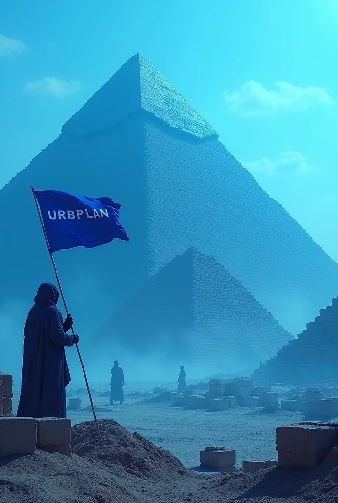 Create an image of the Pyramids of Egypt under construction, with a surreal touch by including an extraterrestrial (ET) Ao fundo. Use a palette of predominantly blue tones. The pyramids should be shown in full construction phase, with stone blocks, ramps, and visible workers. Ao fundo, the ET should be represented discreetly, but clearly holding a blue flag where it says 'URBPLAN' in white letters. The desert and the sky around should be in various shades of blue, creating a mysterious and futuristic atmosphere. The lighting should highlight both the construction process of the pyramids and the ET and the flag, integrating all elements into a cohesive scene.