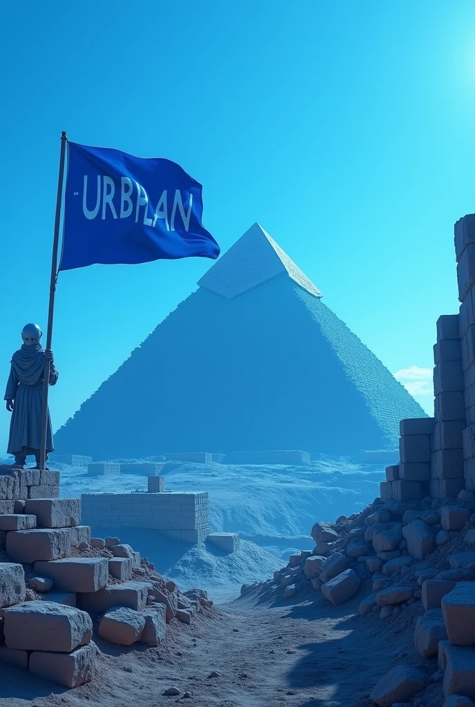 Create an image of the Pyramids of Egypt under construction, with a surreal touch by including an extraterrestrial (ET) Ao fundo. Use a palette of predominantly blue tones. The pyramids should be shown in full construction phase, with stone blocks, ramps, and visible workers. Ao fundo, the ET should be represented discreetly, but clearly holding a blue flag where it says 'URBPLAN' in white letters. The desert and the sky around should be in various shades of blue, creating a mysterious and futuristic atmosphere. The lighting should highlight both the construction process of the pyramids and the ET and the flag, integrating all elements into a cohesive scene.