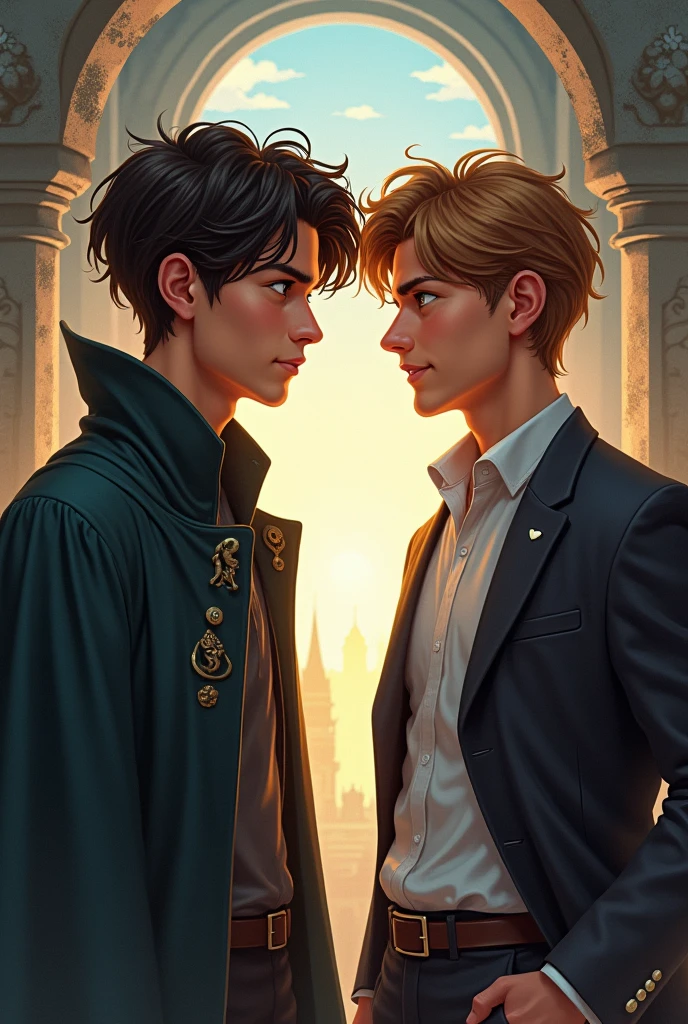 A book cover featuring a young dark brown haired wizard, pieces and amber eyes, alongside a smiling young businessman with light brown hair and blue eyes