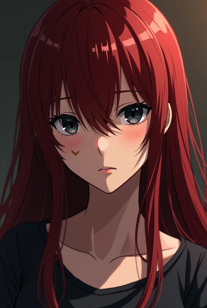 アニメ, long dark red hair, eye color black, scars in the face, , Linda