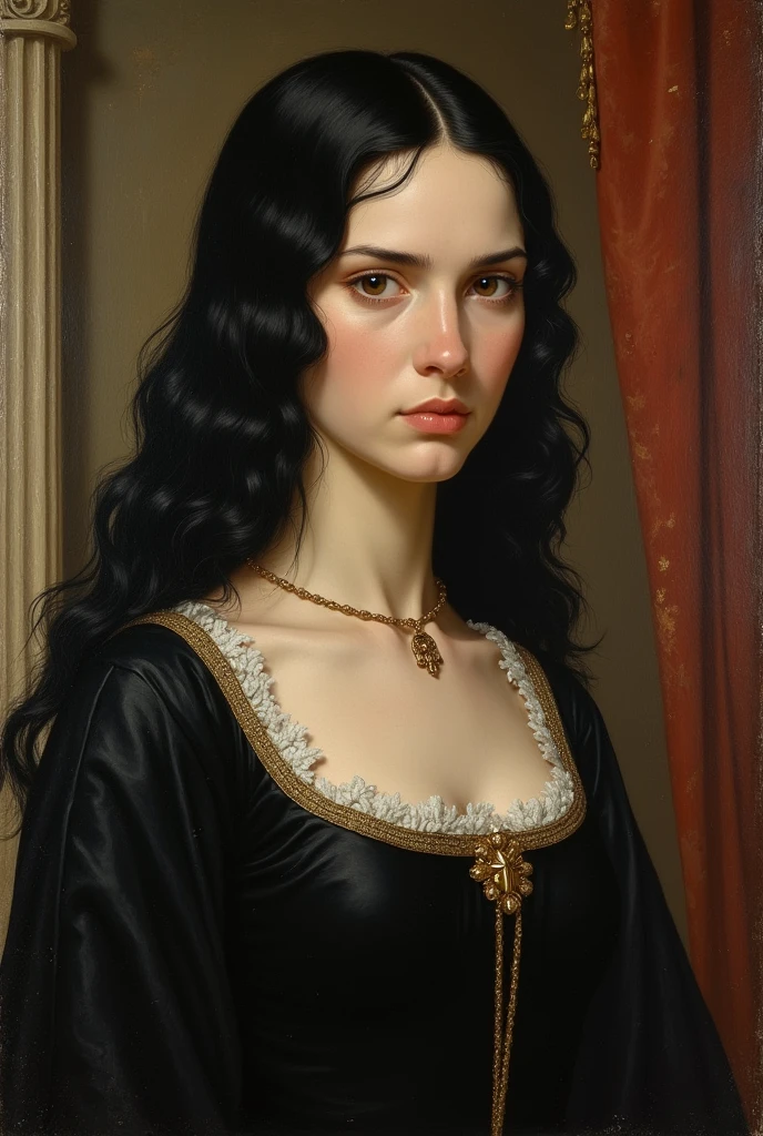 Create a Tudor-style painting of a woman with half-black hair, a serious look, as if she were the daughter of Catherine of Aragon, and it is true that it is a painting from those times