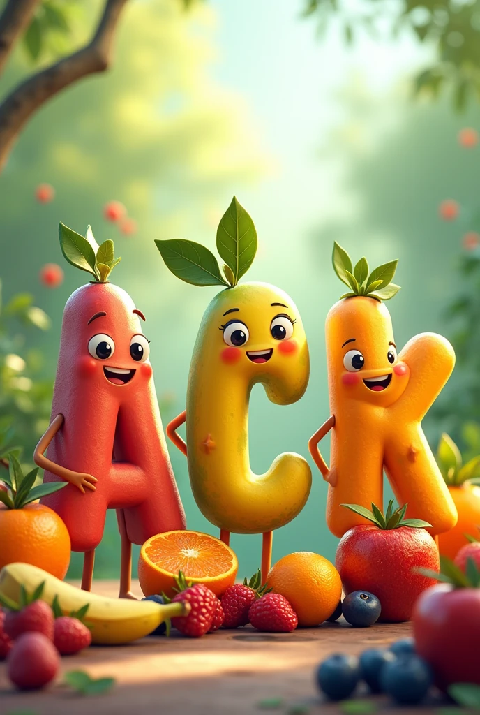 The letters A B C D E K next to each other smiling, happy, with various fruits around, representing the vitamins