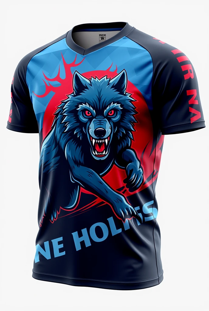 Team shirt, wolf theme, main colors: blue, red and black