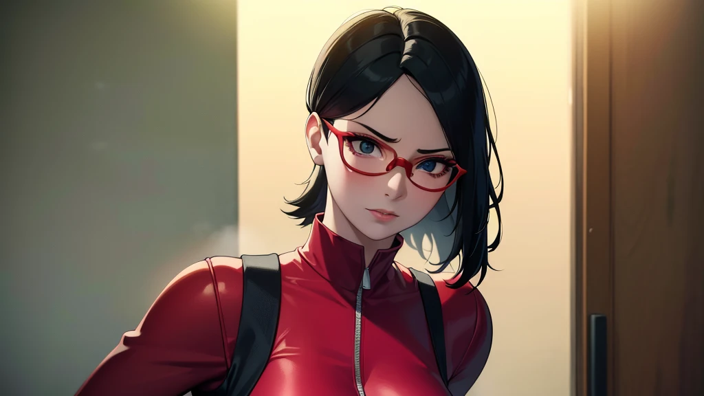(high resolution,work of art:1.2),ultra detali,realisitic,proffesional,beautiful detailed eyes,beautiful detailed lips,dark hair,short black hair,red glasses,very big tits,stunning black eyes,clean skin, de 18 anos,trendy short hairstyle,vibrant red glasses,Academia Shinobi,fierce determination,confident stance,crimson outfit,intense gaze,Background full of ninjutsu techniques,shadows skillfully accentuating your features,subtle studio lighting,sublime realism,striking color tones