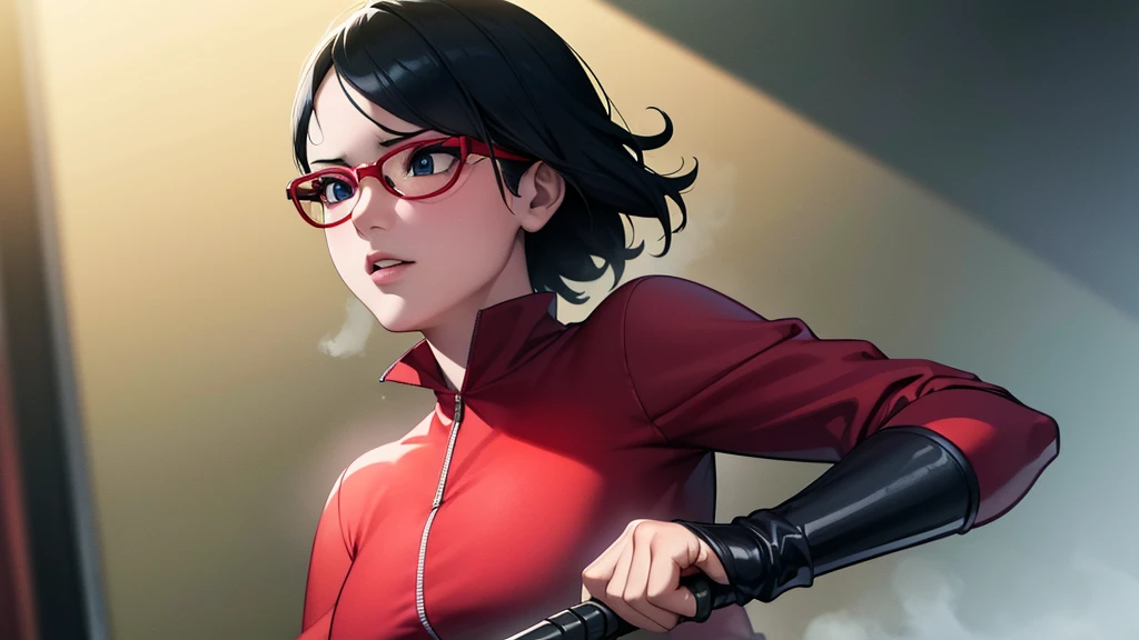 (high resolution,work of art:1.2),ultra detali,realisitic,proffesional,beautiful detailed eyes,beautiful detailed lips,dark hair,short black hair,red glasses,very big tits,stunning black eyes,clean skin, de 18 anos,trendy short hairstyle,vibrant red glasses,Academia Shinobi,fierce determination,confident stance,crimson outfit,intense gaze,Background full of ninjutsu techniques,shadows skillfully accentuating your features,subtle studio lighting,sublime realism,striking color tones