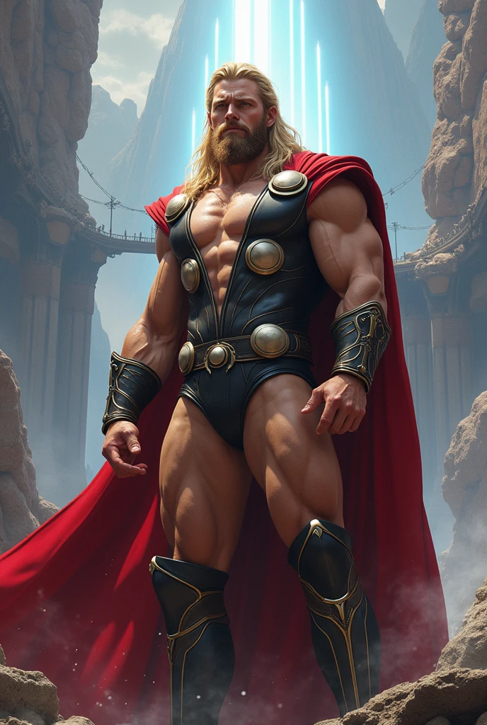 Create an image of the Marvel character Thor wearing only a tight speedo in Asgard.