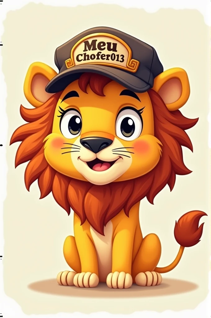 Create a cartoon lion wearing a driver's cap with the name MeuChofer013