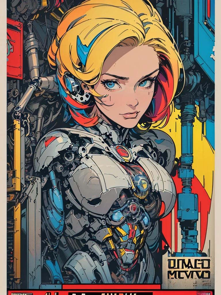 (((ultimate best quality))),(((solo:1.2))),(((1girl:1.2))),((((beautiful perfect woman)))),(((detailed perfect body, detailed perfect finger))),((((((ultimate movie poster)))))),(((bust up, close up))),((((detailed complicated machine)))),(((((genius mechanical))))),(((American comics))),(((extreme highlights))),(((Extremely colorful, primary colors))),cleavage, super beautiful lady,(((typography))),text