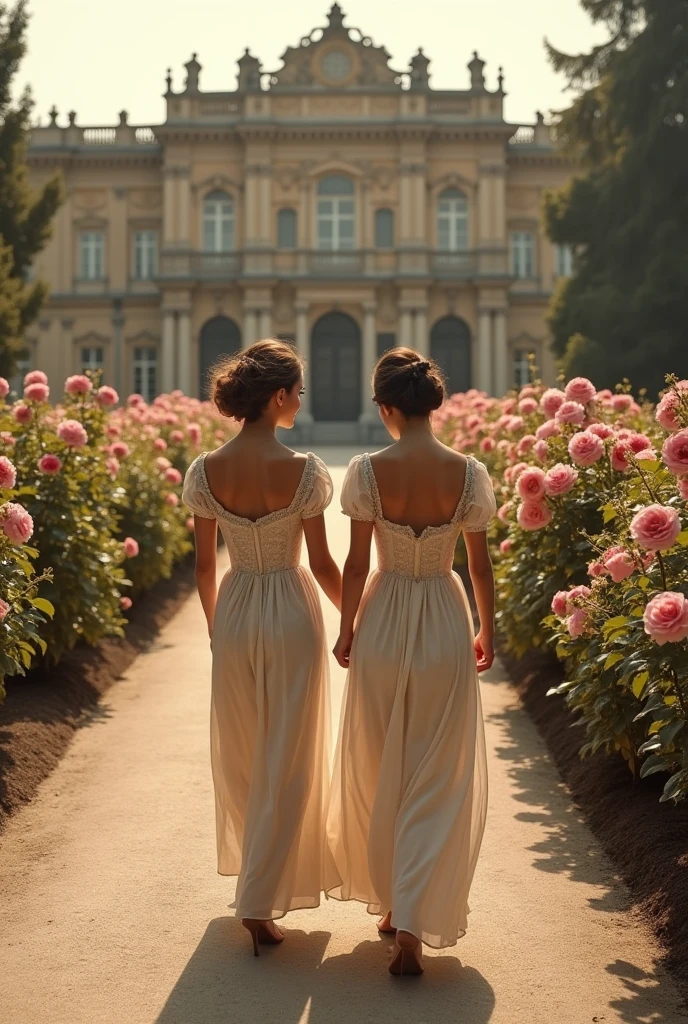 Create a Victorian era photo with 2 women walking happily with their backs to the camera along the streets of a palace with a large garden full of roses. 
