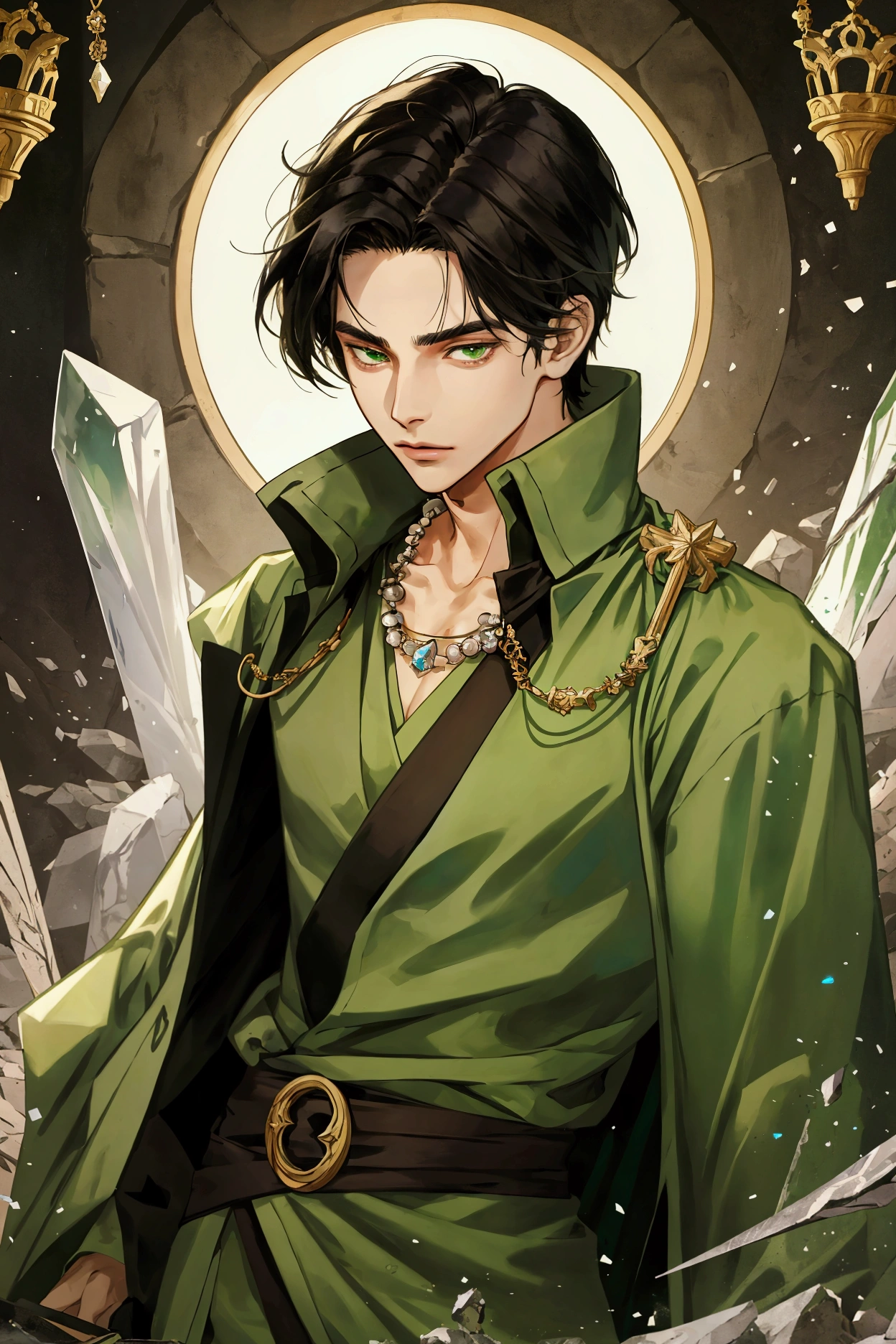 Olive skin, medium length black hair, young man, good looking, Nobleman, crystal necklace, green eyes, Antiquity, on a battlefield, mage, anime style