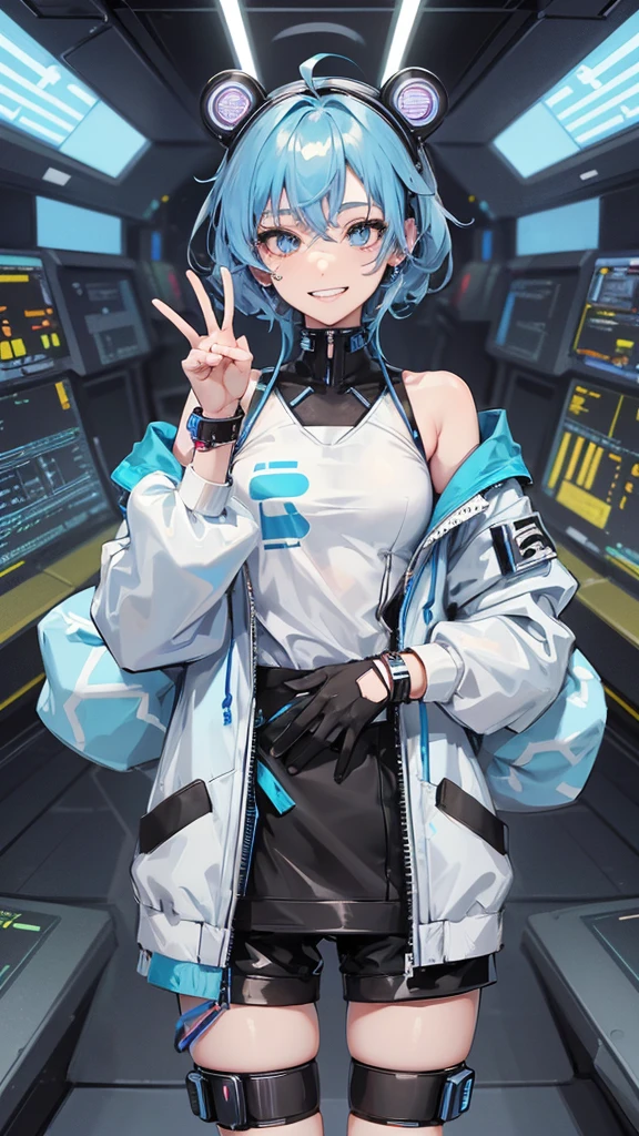 1 boy, anime, high quality, intricate details, futuristic setting, short, robotic, cybernetic, futuristic fashion, pasel blue hair, bear ears, happy grin, streetwear, pastel blue and black outfit, pastel blue eye, hairclips, accessories, bracelets, tan skin