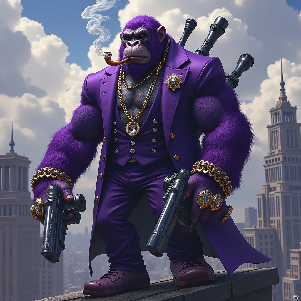1 purple ape, on the roof of a building, With giant and high-caliber weapons, with gangster SUIT with chains, tattooed, with huge diamond and gold rings, smoking with a pipe, with the words in the sky that say "first drop"