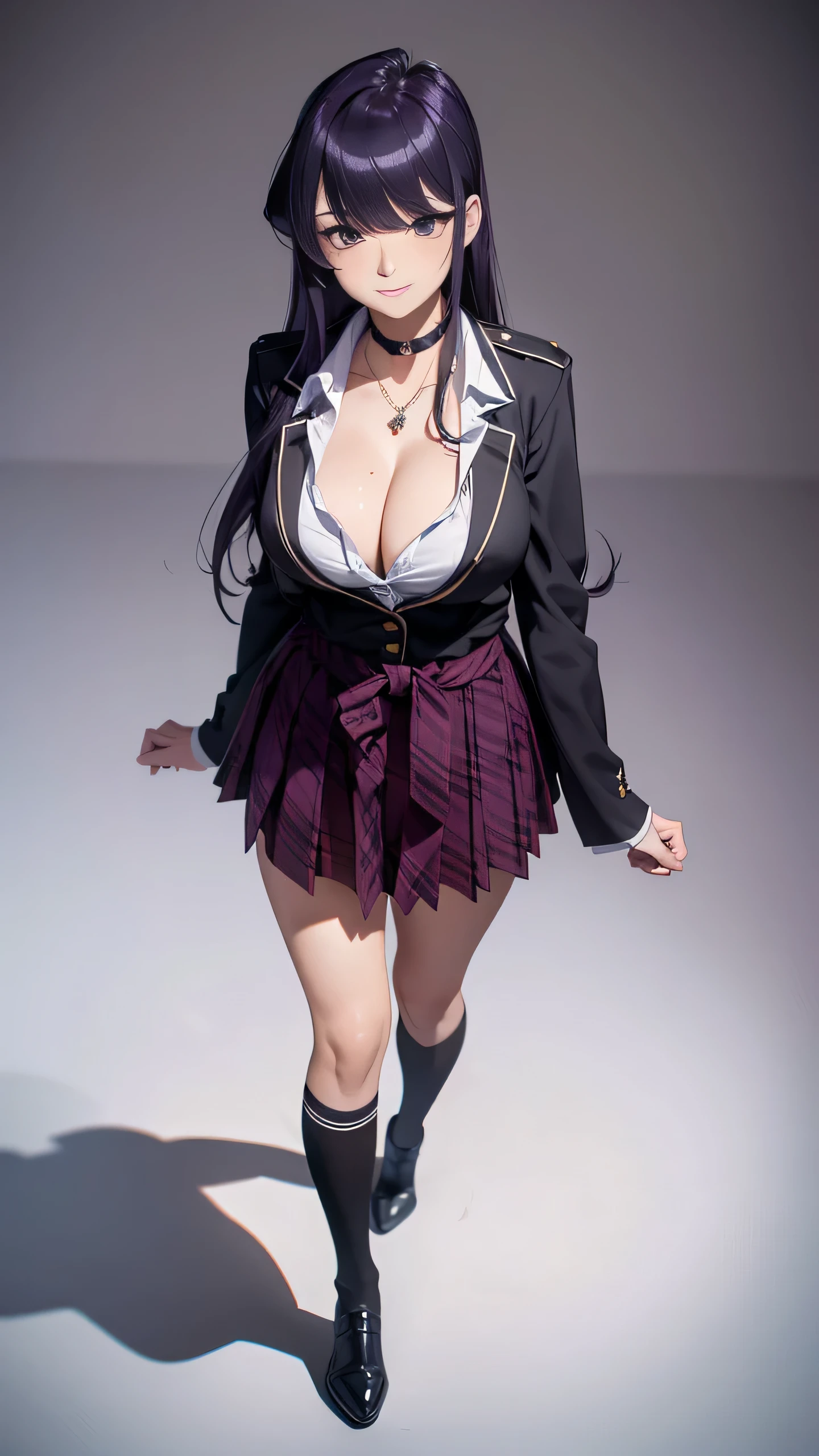 (masterpiece, best quality, ultra-detailed, ultra-HD, photorealistic, cinematic), (alluring anime girl), (Komi Shouko), (thicc), perfect body, perfect face, perfect hands, delicate face, (large cleavage:1.2), round ass, (long round legs), (wide shot, full body view:1.5), (purple hair, peachy black gradient at the ends), (waist length hair),(wearing high school uniform, a shirt tied at the waist with the sleeves rolled up, a skirt plaid above the knee, and a slightly loosened tie, along with a choker, necklace, and a chain on her wrist, her uniform has a chest pocket on the right), (standing, pose), (gradient background), purple eyes, detailed pupils, nude lips, blushing, psycho smile, excited smile