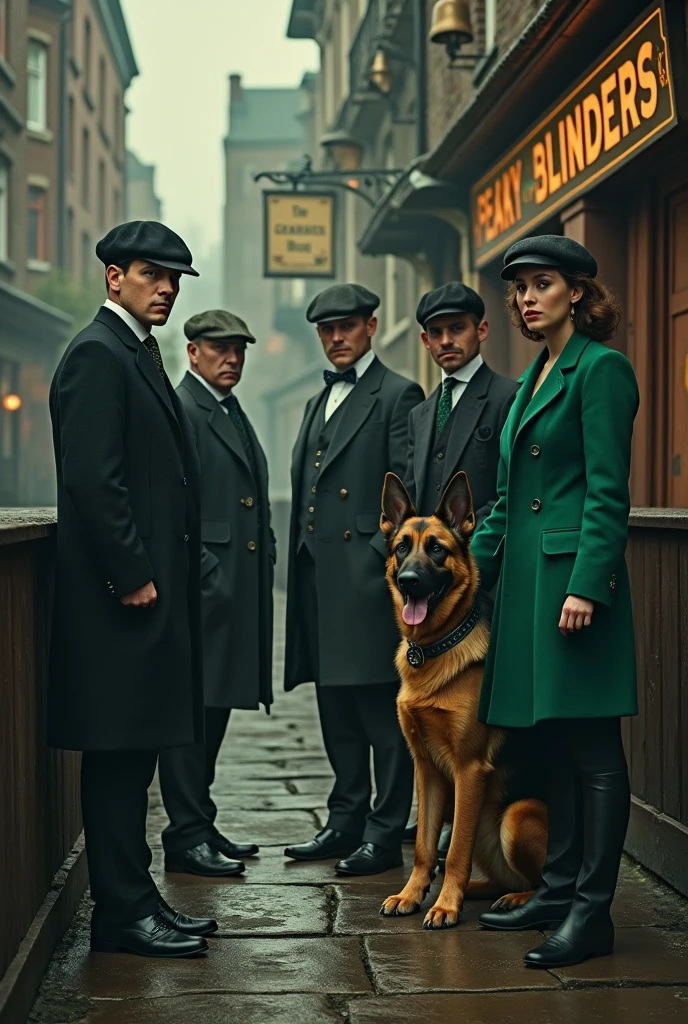 create an image which include a german shepherd dog and 3 male character 2 female character, standing near dockside pub, the scene should peaky blinders, Use colors reflecting the Irish flag's Green, White, and Orange to symbolize divisions and union.